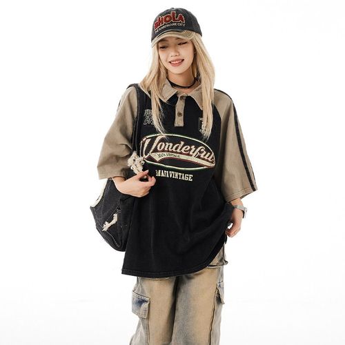 300斤b胖mm大码美式复古翻领POLO衫短袖t恤女宽松bf慵懒风半袖上