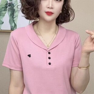 短袖 女士t恤女装 polo衫 夏季 中年妈妈翻领显瘦上衣 女宽p松新款 大码