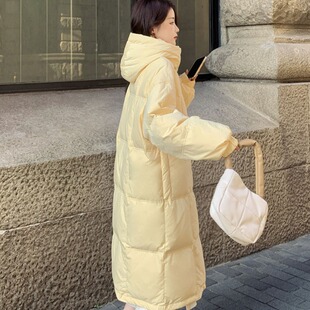 奶fufu淡黄色羽绒服女中长款2025冬季新款连帽加厚过膝小个子外套