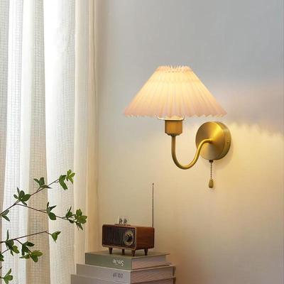 法式全铜拉绳百褶台灯复古床头氛围感灯简约高级感客厅玄关墙壁灯