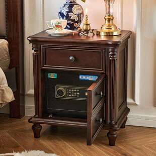 美式全实木床头柜带保险箱一体核桃木原木床边柜复古卧室储物柜