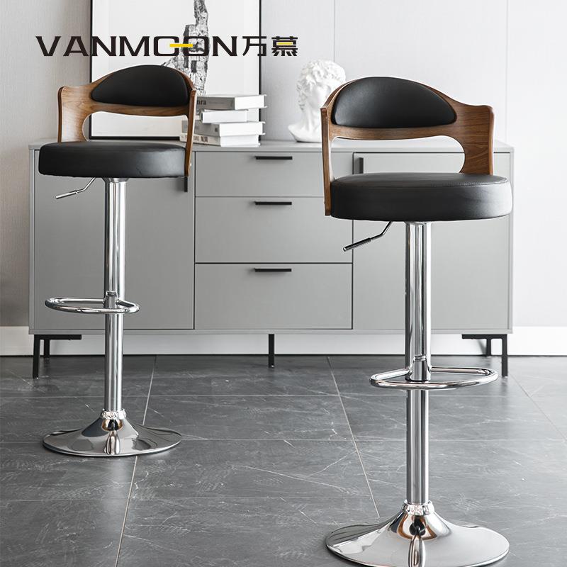 万慕吧台凳铁艺靠背美式家用吧台椅子升降旋转轻奢吧椅实木高脚凳