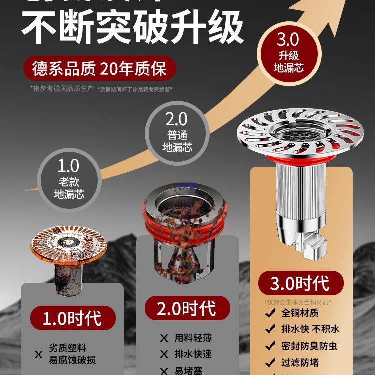 德国全铜地漏芯卫生间通用浴室下水道口防返臭防虫封口盖