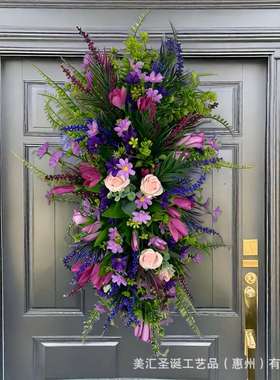 春季紫色郁金香花环赃物郁金香风信子绣球花多彩春夏花环家居装饰