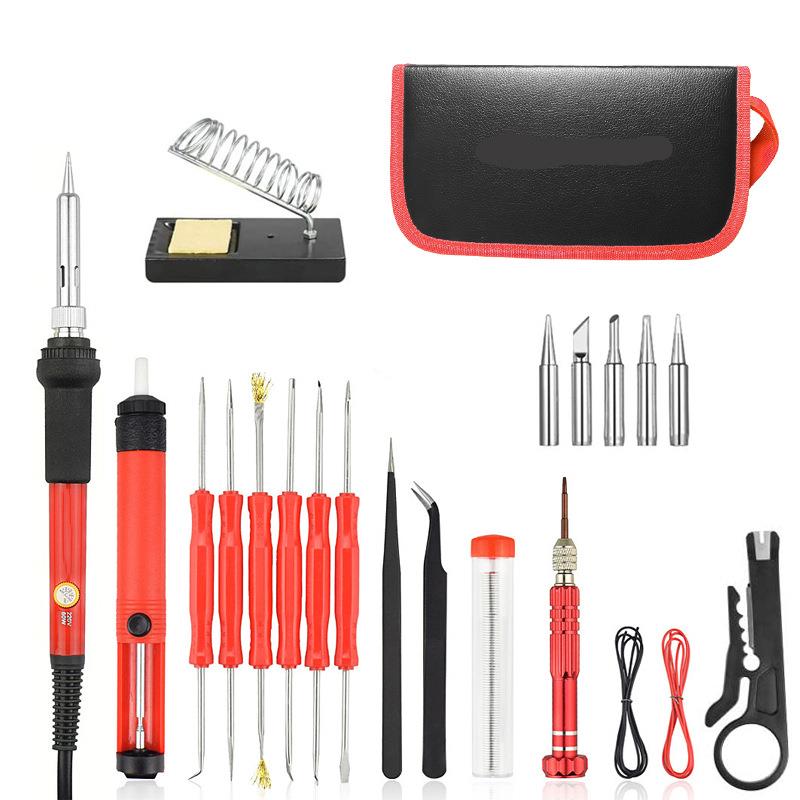 26PCS 电烙铁60w可调式电烙铁套件 木头焊接工具的红色烙铁套装