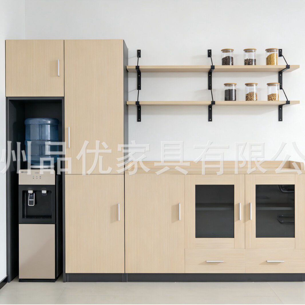 办公家具板式两三门茶水柜钢化玻璃门储物文件柜落地餐边柜矮柜