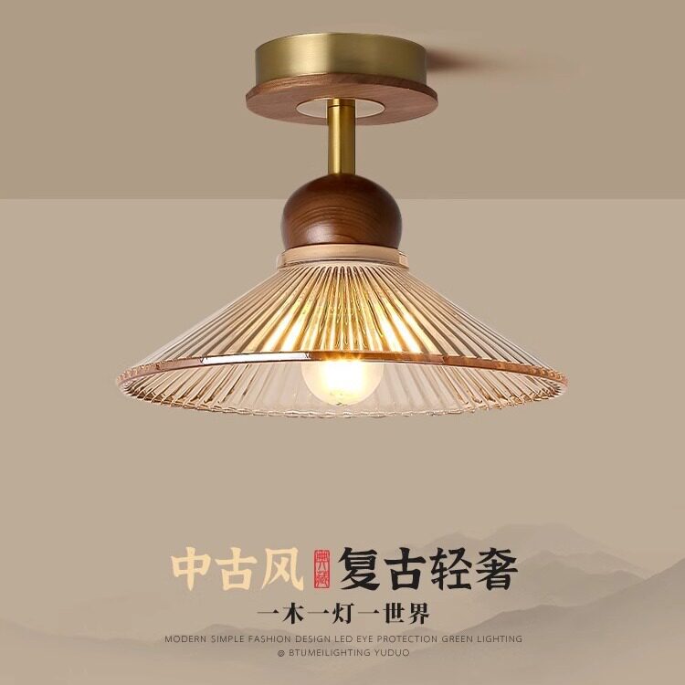 中古风走廊过道灯新中式吸顶灯黑胡桃实木个性入户玄关复古阳台灯