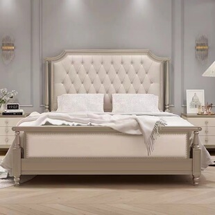 美式轻奢实木床法式主卧大床高端卧室婚床现代简约皮艺拉扣双人床