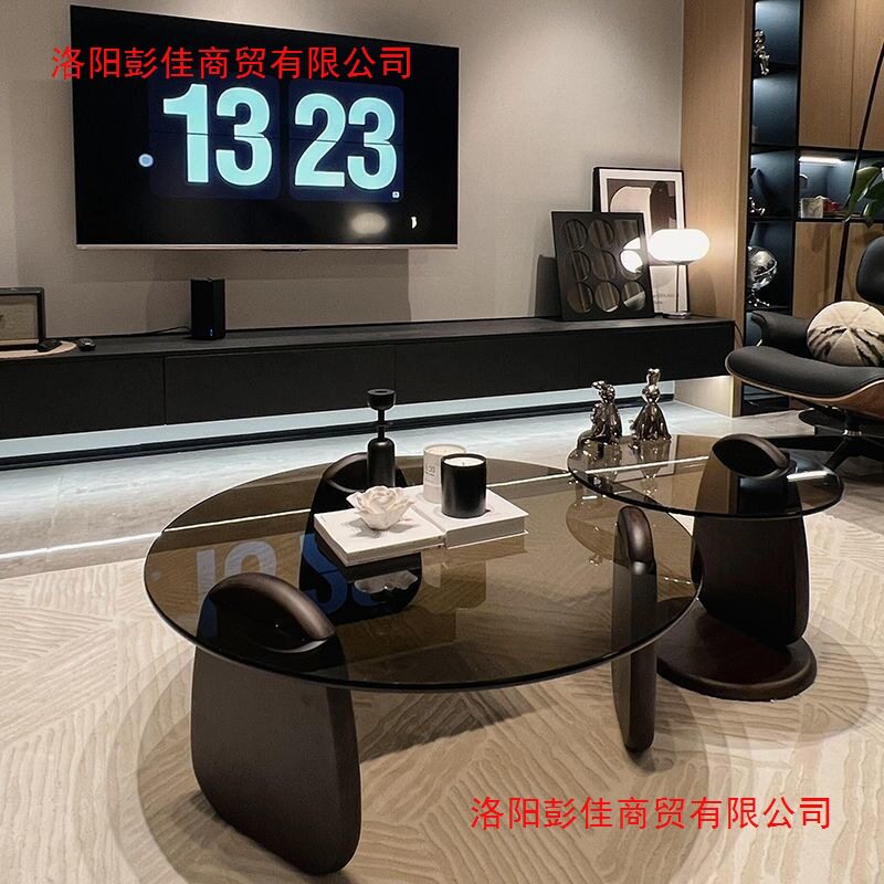 现代轻奢圆形钢化玻璃茶几组合