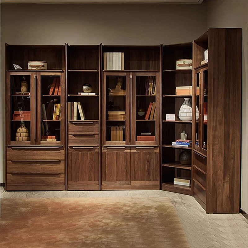 北美黑胡桃木书架储物柜家具玻璃门实木组合带门简约书房转角书柜