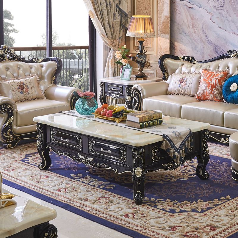 欧式大理石茶几电视柜组合现代美式黑檀色小户型客厅家用实木茶桌