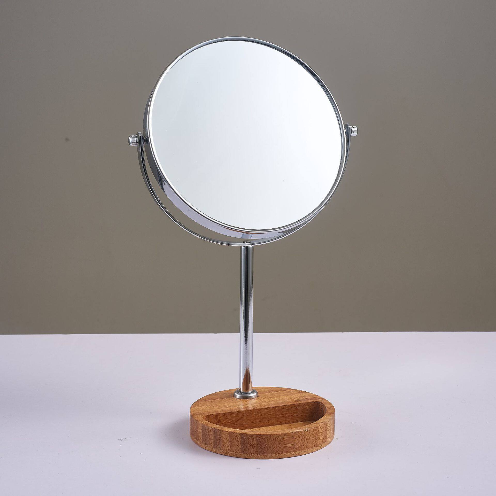 收纳木底座化妆镜台式桌面高清简约家用女士镜子高级感梳妆镜子