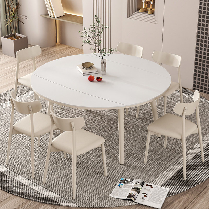 奶油风可伸缩折叠圆桌子现代简约家用小户型实木岩板餐桌椅组合