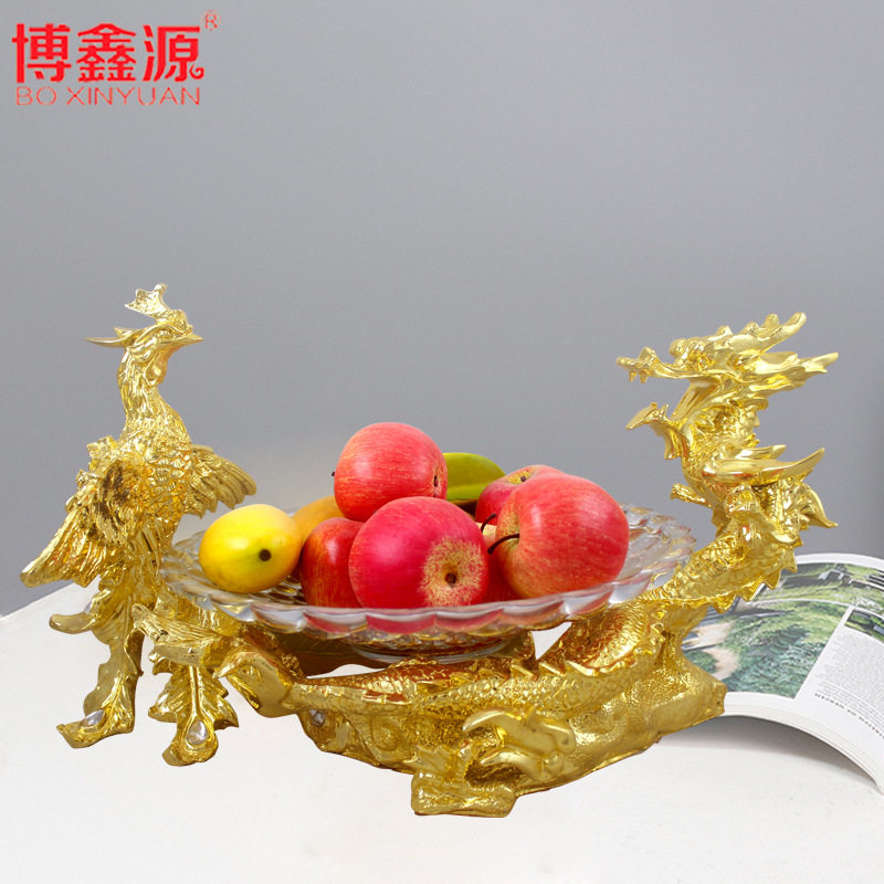 欧式树脂金色大龙凤果盘会所ktv包房水果盘家居客厅茶几轻奢装饰