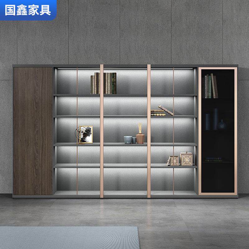 办公文件柜办公家具简约现代木质背景柜总裁办公室感应式灯光书柜