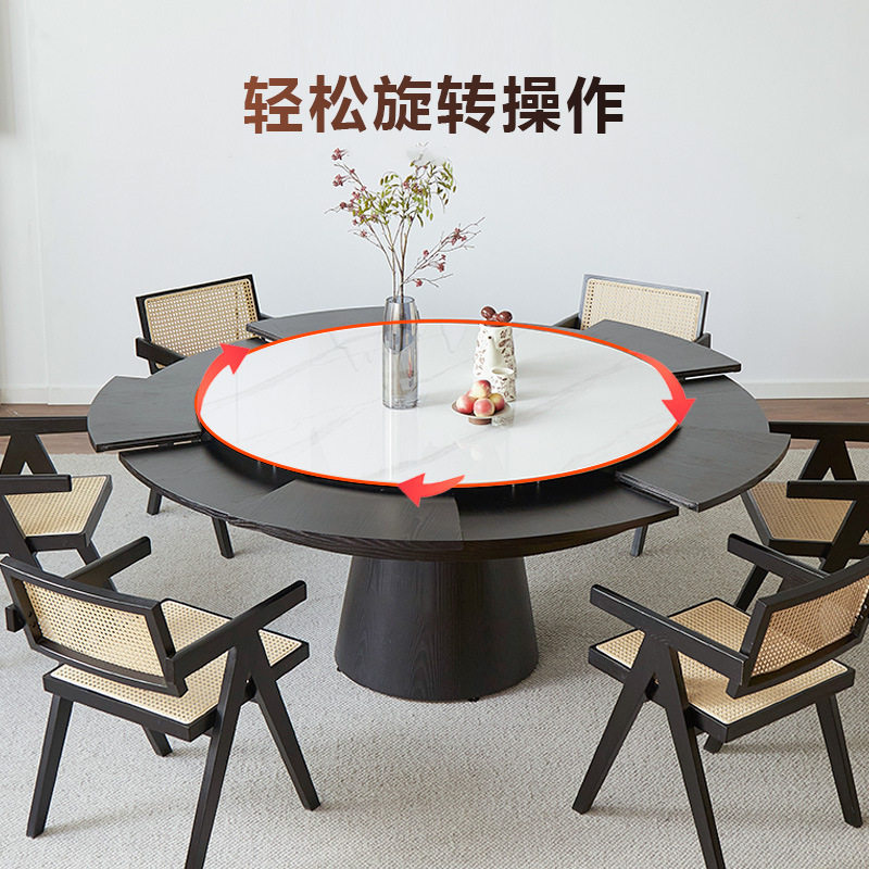 黑色高端实木饭台弗莱彻变形餐桌可伸缩旋转变大餐桌大圆桌饭桌