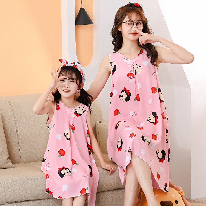 儿童睡衣棉绸亲子装母女孩背心裙女童绵绸睡裙公主夏季无袖连衣裙