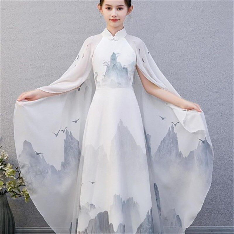 女童古筝白色演出服飘逸汉服儿童合唱中国风演奏朗诵比赛表演服新