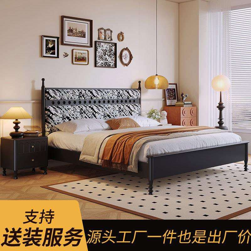 中古风实木床主卧简约法式复古黑色1米8双人床樱桃木色1米5单人床