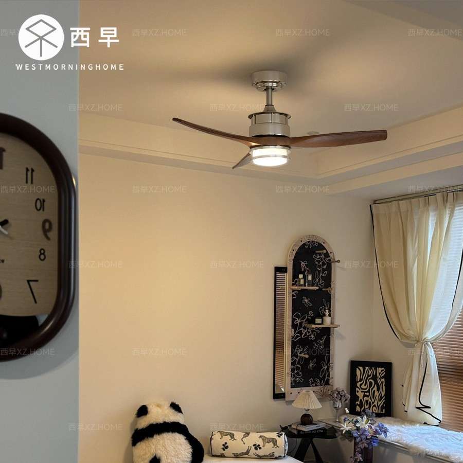西早法式中古实木吸顶吊扇灯复古美式家用一体餐厅客厅卧室风扇灯