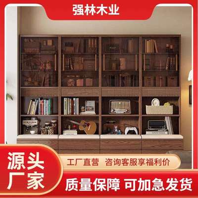实木书柜满墙带玻璃组合展示柜一体柜整墙卡座书柜客厅功能储物柜
