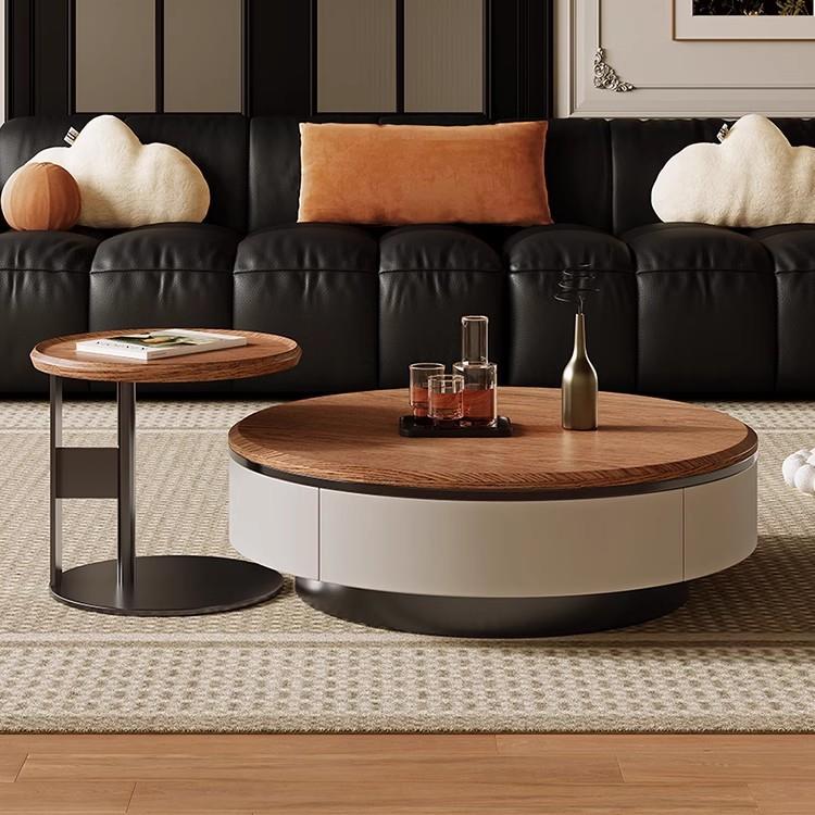 中古风胡桃色圆形茶几电视柜组合现代简约轻奢客厅家用2025新款