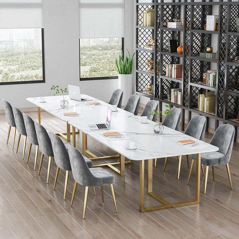 北欧大理石会议桌简约现代岩板长方形办公桌轻奢会客洽谈桌椅组合