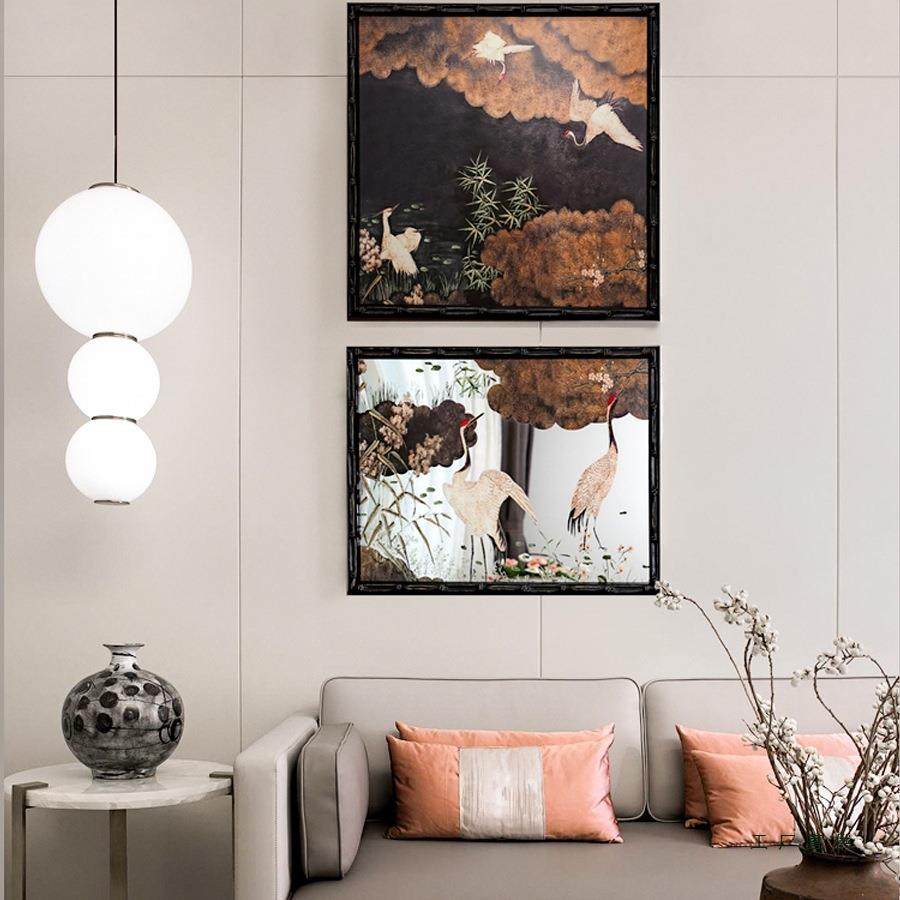 新中式复古花鸟镜子画电视柜沙发背景卧室家装感挂画装饰画