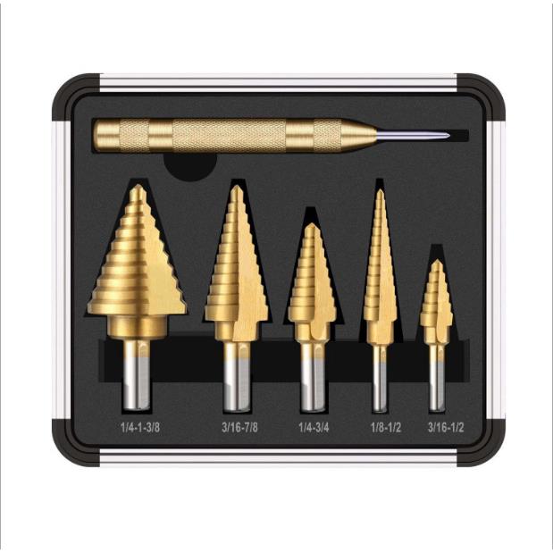 跨境镀钛款6pc英制铝盒宝塔钻多功能阶梯钻直槽高速钢钻头扩孔器