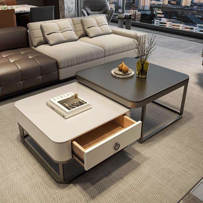 北欧方形岩板茶几客厅家用现代高级感简约小户型玻璃伸缩桌子组合