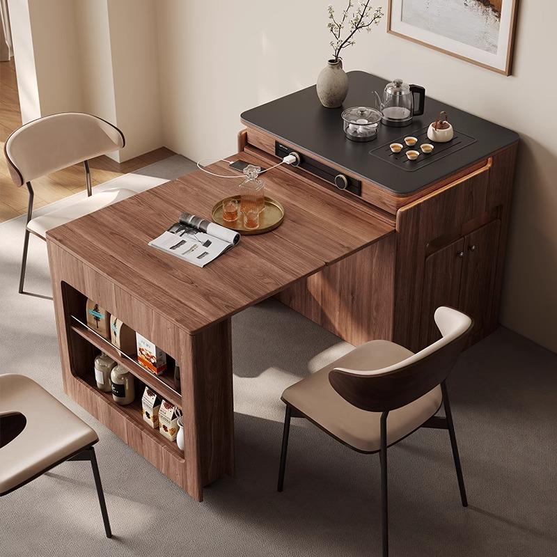 现代简约可伸缩岩板岛台餐桌一体实木中古风胡桃木小户型折叠饭桌