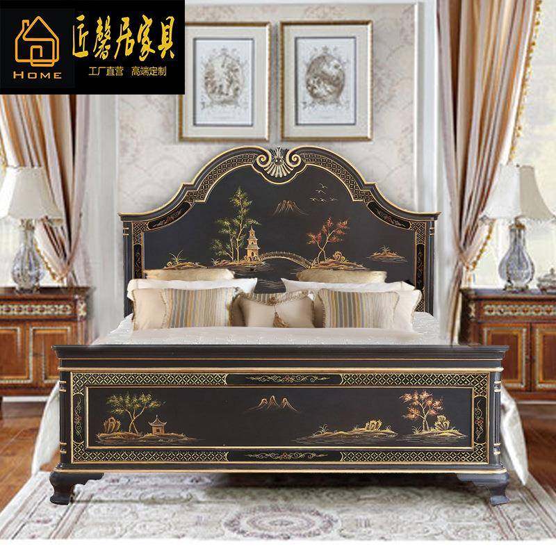 英式实木雕花手彩绘床亚历山大新古典双人床法式轻奢别墅家具