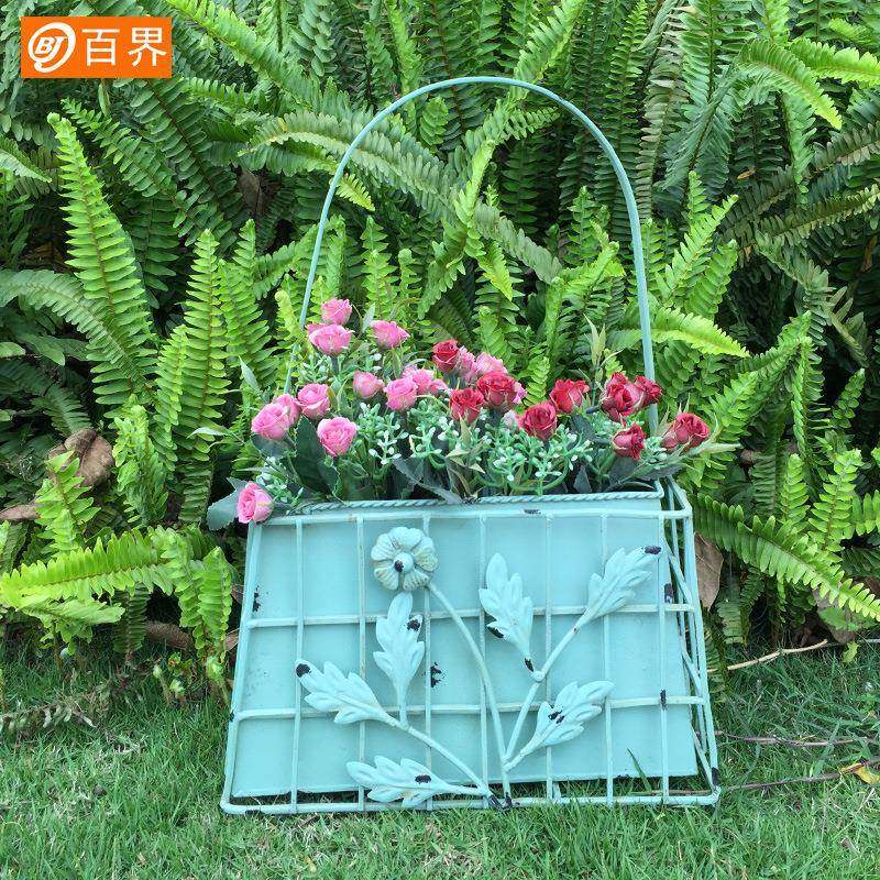 创意手提袋铁艺壁挂花架花篮吊篮壁挂式欧式田园仿真花装饰花架子