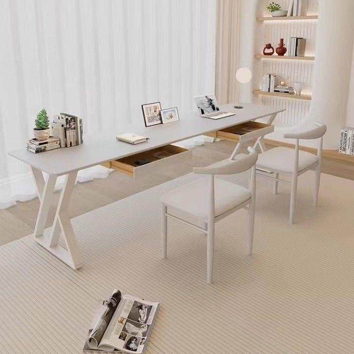 靠墙纯白长条桌窄宽40CM阳台办公工作台电脑桌奶油风实木双人书桌