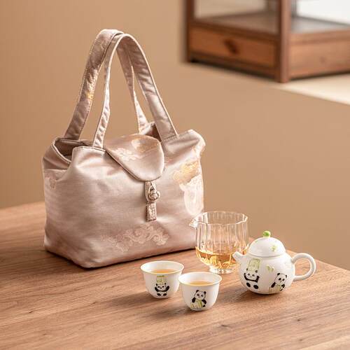 熊猫手绘堆雕发财茶壶茶杯陶瓷户外旅行茶具便携式功夫泡茶小套装