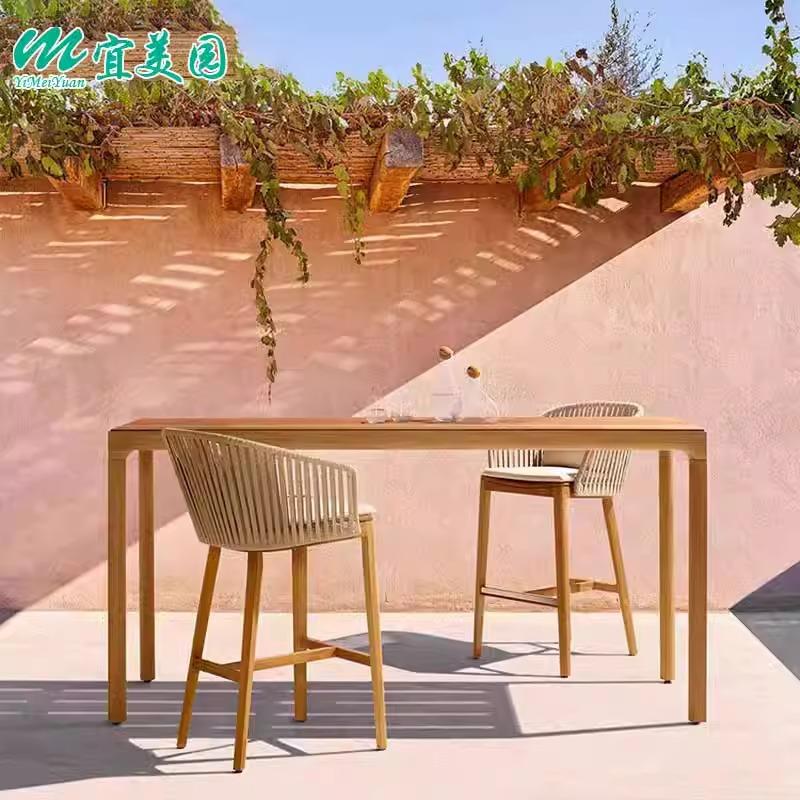 户外吧椅酒吧高脚凳柚木吧台藤编靠背椅室外露台咖啡厅网红吧台凳