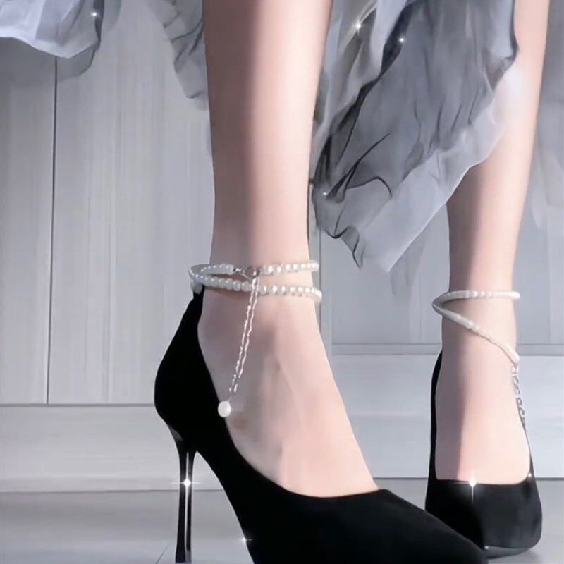 速发黑色高跟鞋礼4202仪累款百搭不新脚晚礼服珍珠链细跟配裙单鞋