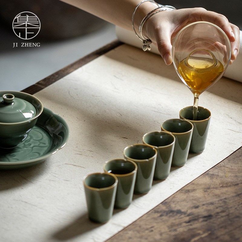 速发集正 品窑青瓷小越杯 复古人文功茶夫具品茗杯陶瓷茶杯梅子青