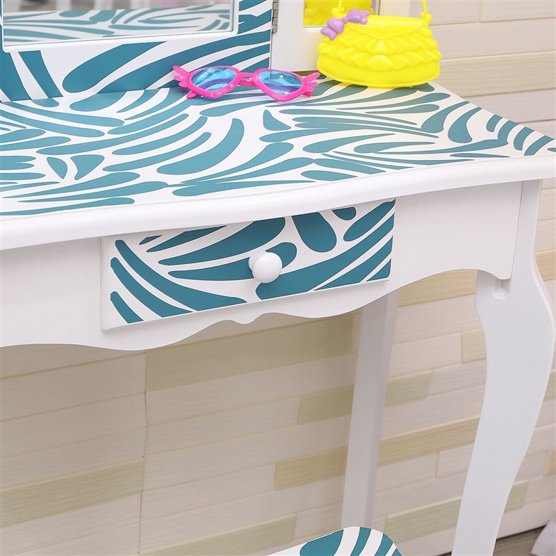 速发欧式儿童实木多镜单抽梳妆台简约卧镜小型室可折叠化妆桌带凳