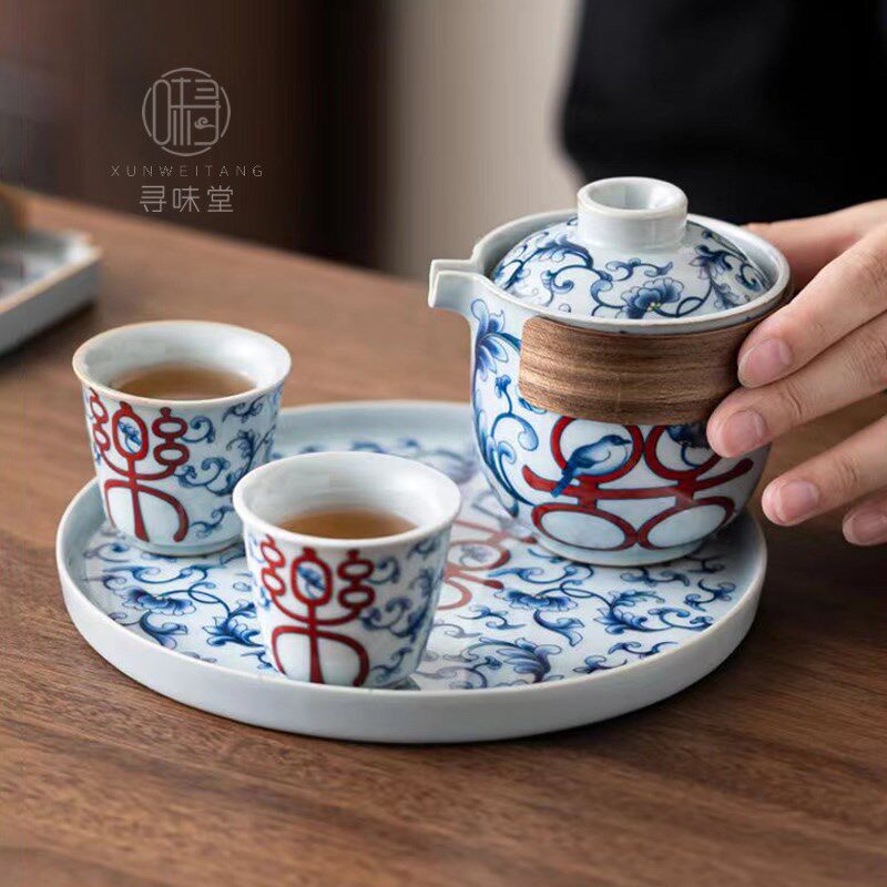 国潮风喜乐青花圆形壶承复古托盘陶瓷小茶盘茶托干泡盘喜庆茶具