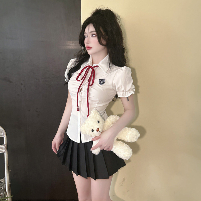 速发JK制服套装夏学院风百妹辣色收腰泡泡袖白褶裙