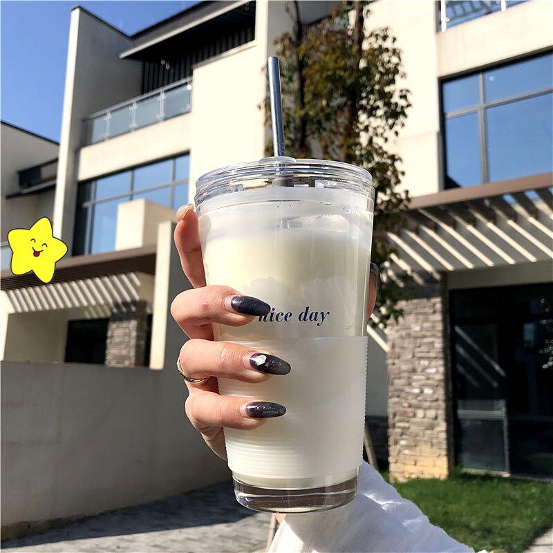 速发玻璃杯风自制简约云朵创意小清新水杯少带盖子吸管杯
