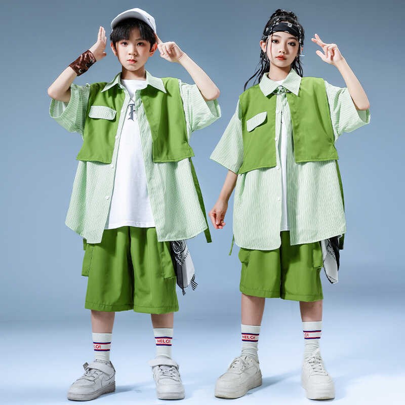 速发少儿街舞演表六一服演服男孩架子鼓潮出服假两件嘻哈hiphop