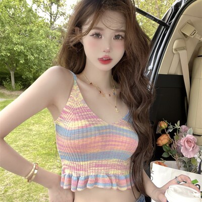 速发渐变彩色v领条纹泰式吊带背欲夏季外穿纯辣甜心妹性感抹胸上