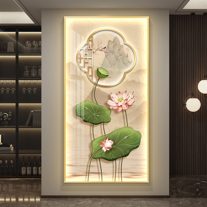速发带灯轻奢新中装入户玄关式饰道走廊过画简约挂画荷花壁画