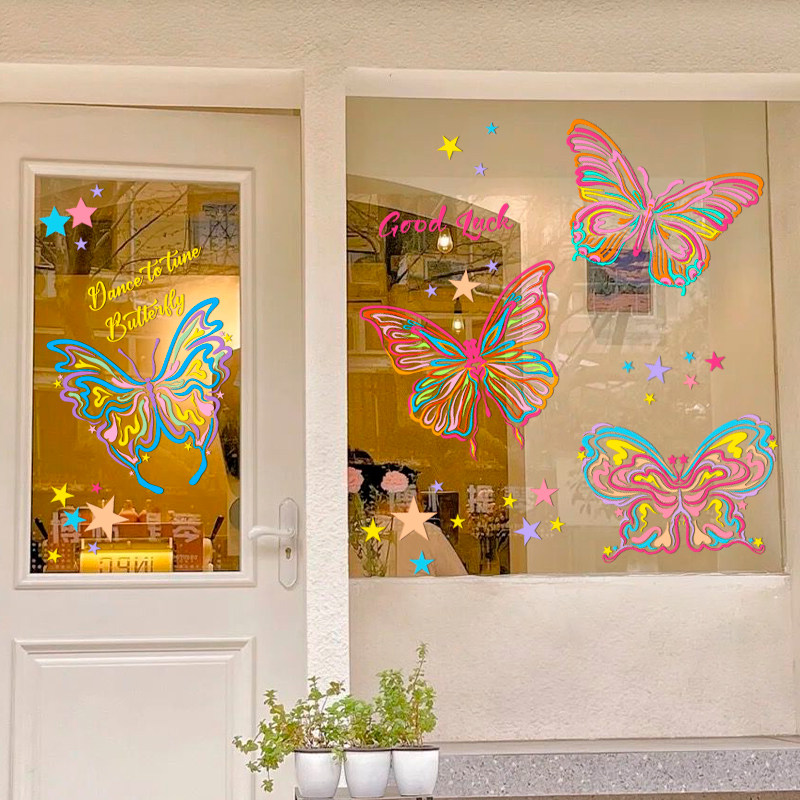 速发布蝴蝶玻璃门贴爱可纸奶茶餐厅店橱风置窗花静电贴画