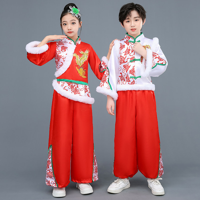 速发元旦服童腰鼓演出儿喜庆打舞幼儿盛世欢腾鼓蹈服装红色秧歌服