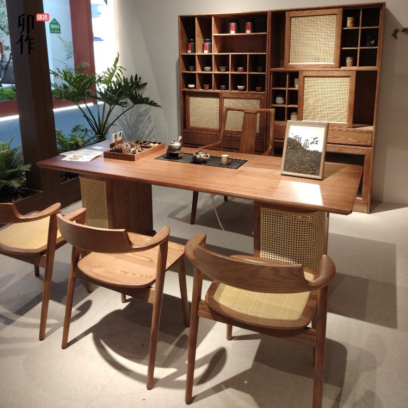 速发新中式黑胡桃木茶桌椅组5禅意宋代美学藤0实木泡茶台2编2合款