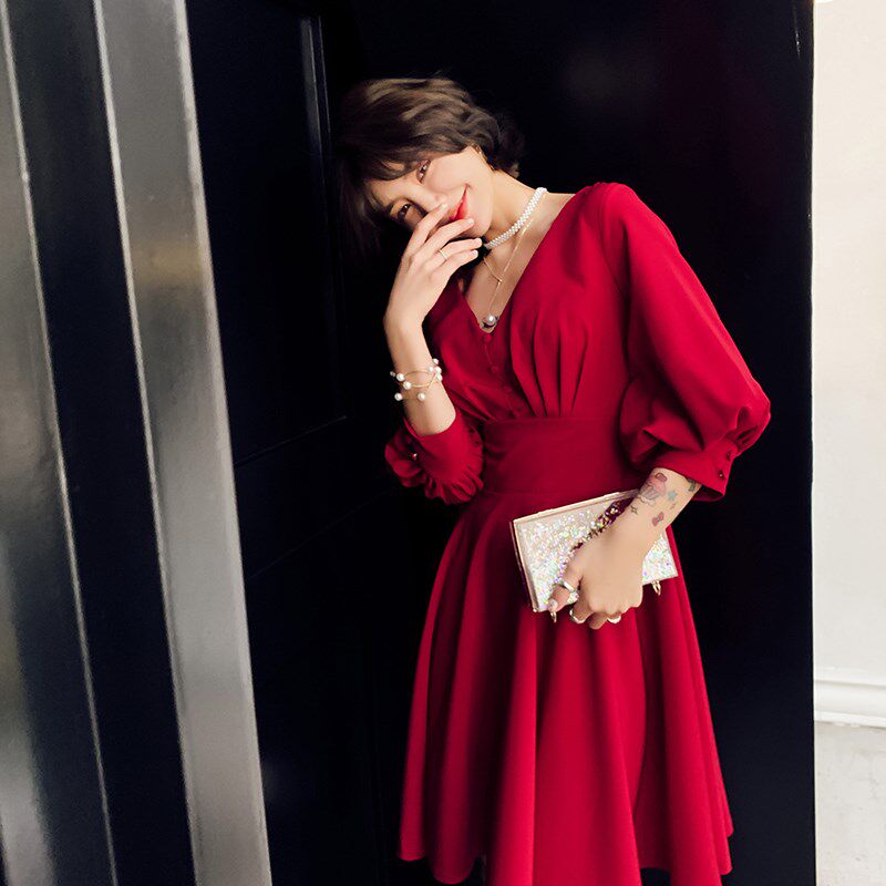 速发酒红色晚礼服裙子平时可学穿生简单大方宴质气会聚会派对连衣