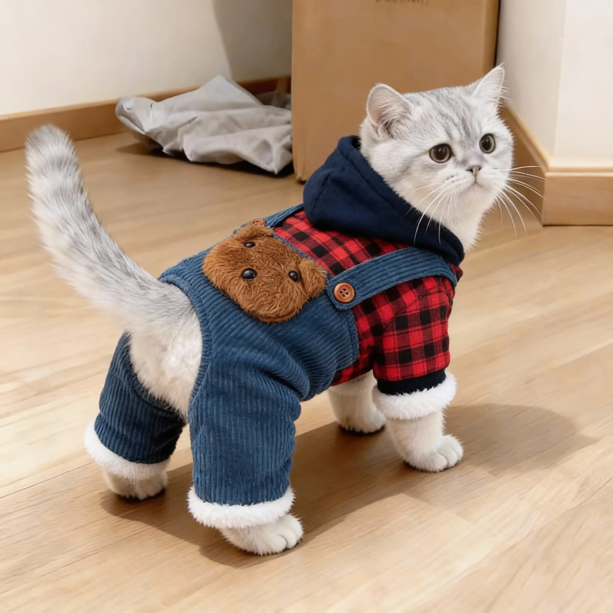 小猫咪衣服秋冬装连帽四脚衣加绒加厚保暖布偶英短银渐层宠物狗狗